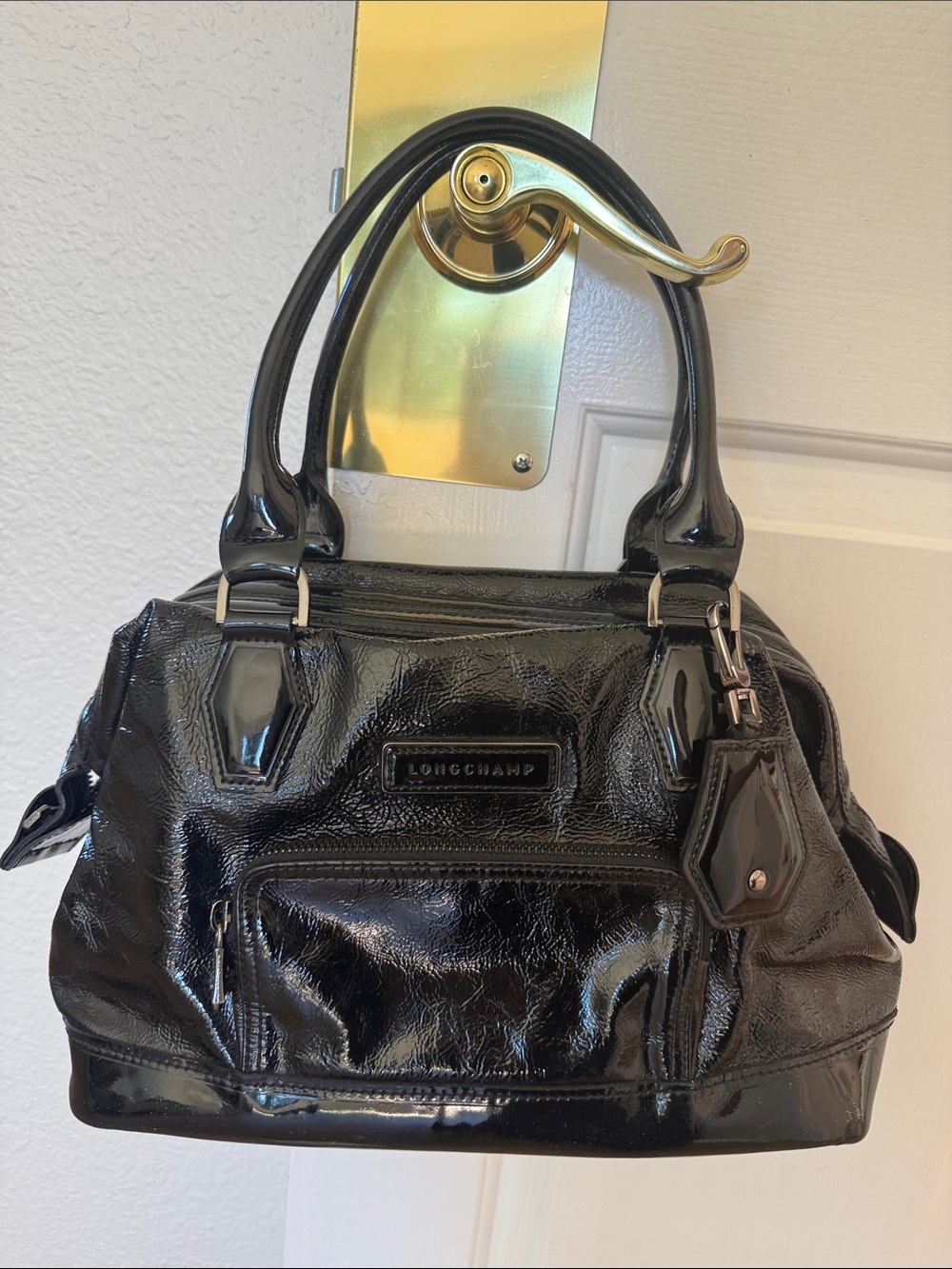 Longchamp Black Patent Leather Satchel with Front Zip Pocket